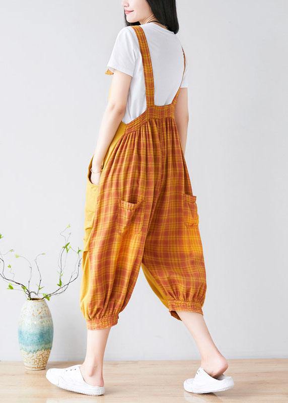 diy Yellow Pockets Patchwork Plaid Fall Outfits Rompers Cotton - SooLinen