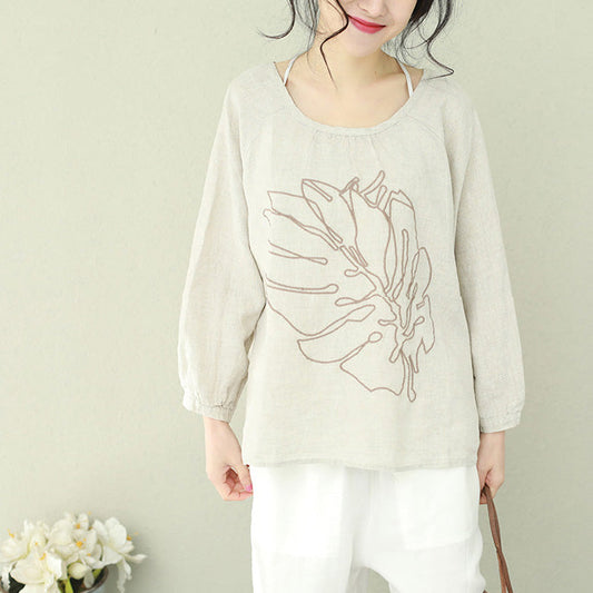 DIY schwarzes Leinen für Frauen Bio-Arbeitsoutfits O-Ausschnitt-Tunika-Frühlingsoberteil