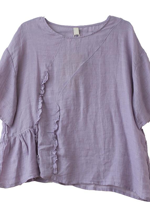 diy green linen tops o neck Ruffles oversized blouses - SooLinen