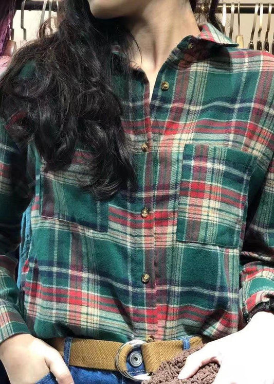 diy lapel collar cotton clothes pattern green plaid shirt autumn - SooLinen