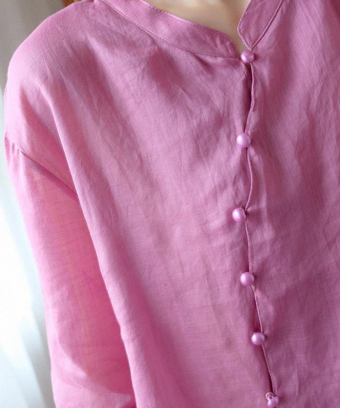 diy pink clothes For Women stand collar asymmetric blouse - SooLinen