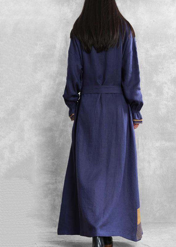 diy stand collar tie waist Plus Size tunic coat blue Midi women coats - SooLinen