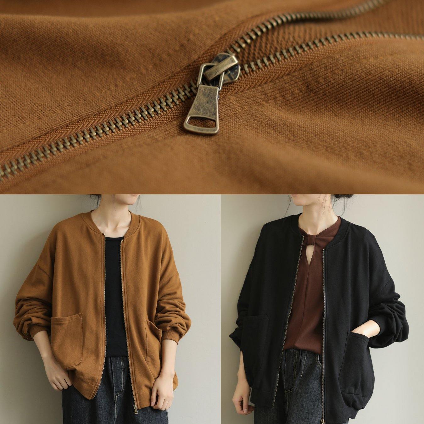 diy yellow Fashion coat for woman stand collar zippered women coats - SooLinen