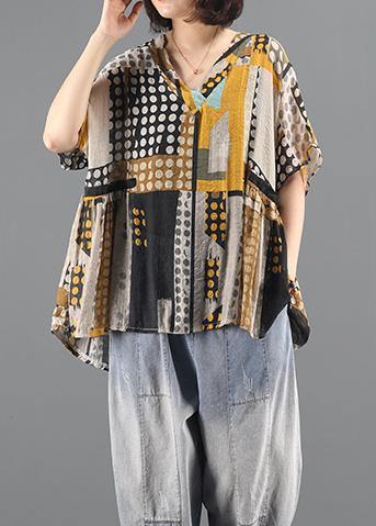 diy yellow dotted blouses for women v neck Plus Size Clothing summer shirt - SooLinen