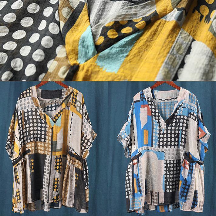 diy yellow dotted blouses for women v neck Plus Size Clothing summer shirt - SooLinen