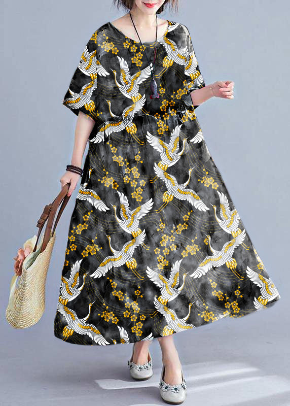 Bohemian Black Crane Langes Kleid Halbarm Cinched Maxi Sommerkleider