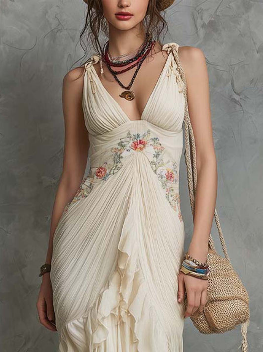 Boho-Vintage Elegant Embroidered Chiffon Ruffle Maxi Dress