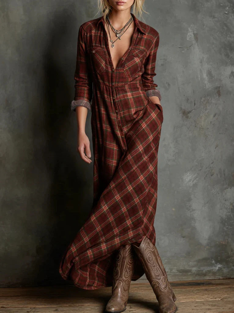Green Plaid Lapel Single-Breasted Shirt Long Dress