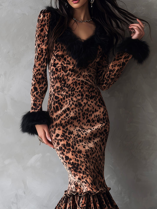 Chic Leopard Print Velvet Gown With Eco Fur Trim Mermaid Hem