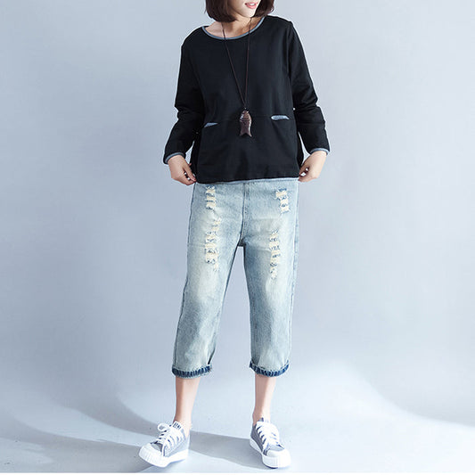 Herbst 2024 warme, dicke Baumwolloberteile, schwarzer, lässiger Pullover mit Rundhalsausschnitt