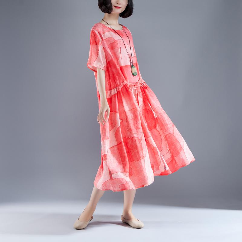 Mode Ramie Sommerkleid Locker sitzende Kurzarm Schnürung Sommer Plissee Casual Red Kleid
