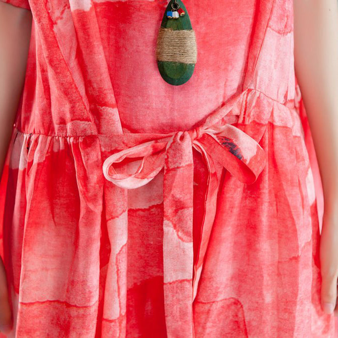 Mode Ramie Sommerkleid Locker sitzende Kurzarm Schnürung Sommer Plissee Casual Red Kleid