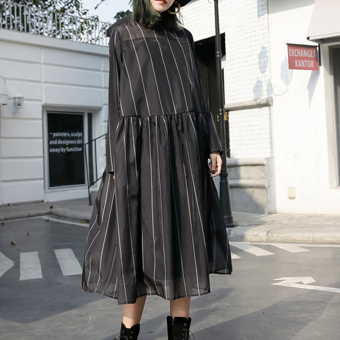 Mode schwarz lange Tüllkleid plus Größe gestreiften Baumwolle Kaftane Neue Stehkragen Maxi-Kleider