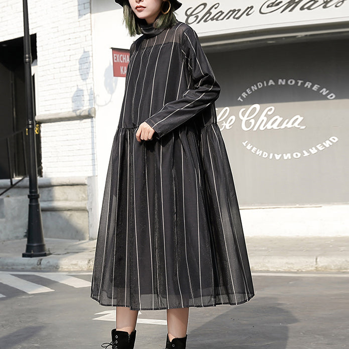 Mode schwarz lange Tüllkleid plus Größe gestreiften Baumwolle Kaftane Neue Stehkragen Maxi-Kleider