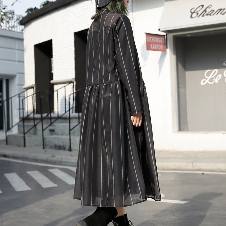 Mode schwarz lange Tüllkleid plus Größe gestreiften Baumwolle Kaftane Neue Stehkragen Maxi-Kleider