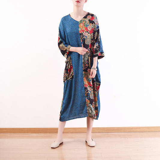 Mode blau natürliche Chiffon-Kleid lässig Patchwork-Drucke Kaftane feine Seide O Hals Maxi-Kleider
