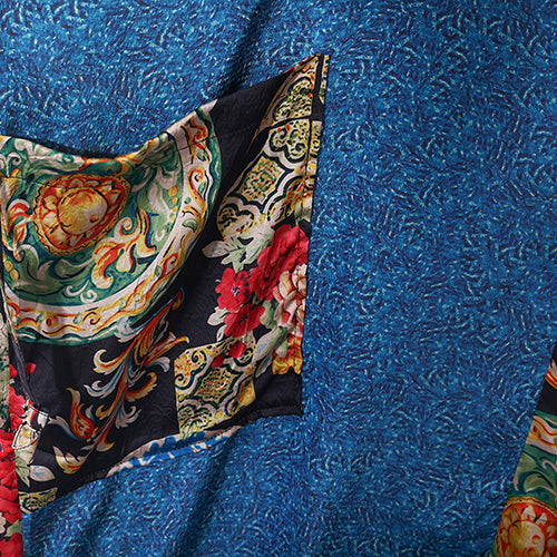 Mode blau natürliche Chiffon-Kleid lässig Patchwork-Drucke Kaftane feine Seide O Hals Maxi-Kleider