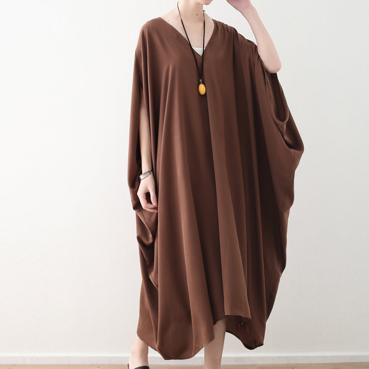 Mode Schokolade natürliche Chiffon-Kleid Plus Größe V-Ausschnitt Reisekleid Elegante Fledermausärmel Kaftans