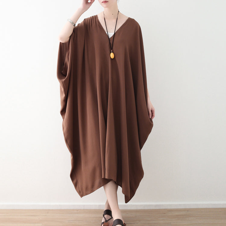 Mode Schokolade natürliche Chiffon-Kleid Plus Größe V-Ausschnitt Reisekleid Elegante Fledermausärmel Kaftans