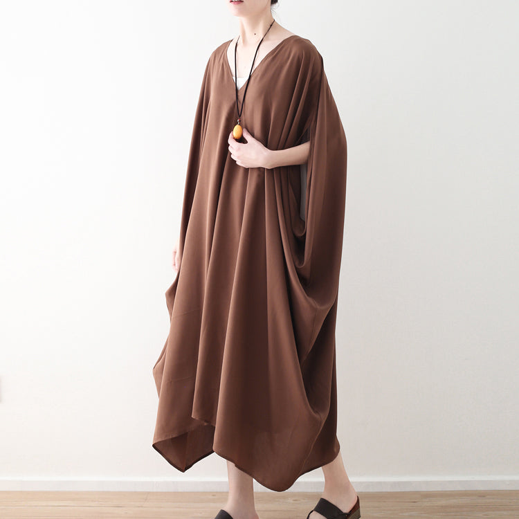 Mode Schokolade natürliche Chiffon-Kleid Plus Größe V-Ausschnitt Reisekleid Elegante Fledermausärmel Kaftans
