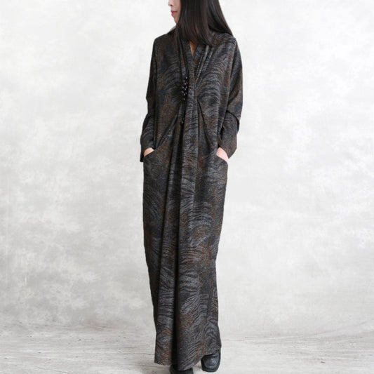 Modisches Herbstkleid mit Schokoladendruck, 2018. Locker sitzende Taschen, Reisekleidung, Boutique, langärmliges asymmetrisches Design, Kaftane aus Seiden-Baumwoll-Mischgewebe