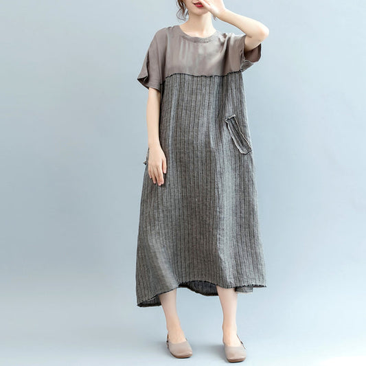 Mode grau natürliche Leinen Kleid Oversize O Hals Patchwork Leinen Kleidung Kleider Frauen Kurzarm Baggy Kleider