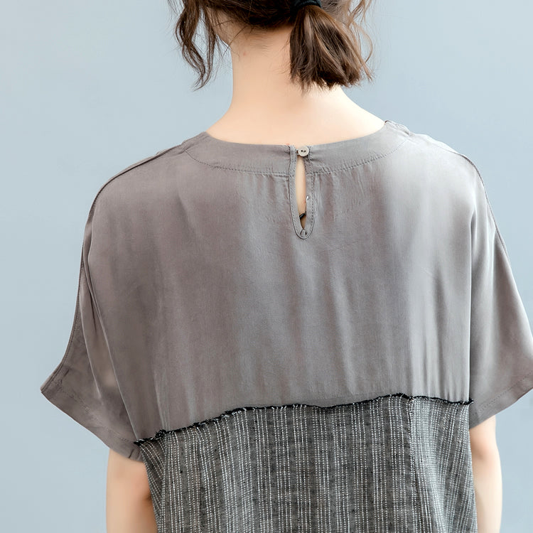 Mode grau natürliche Leinen Kleid Oversize O Hals Patchwork Leinen Kleidung Kleider Frauen Kurzarm Baggy Kleider