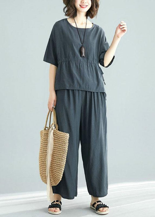 fashion gray two pieces drawstring short sleeve tops and elastic waist pants - SooLinen