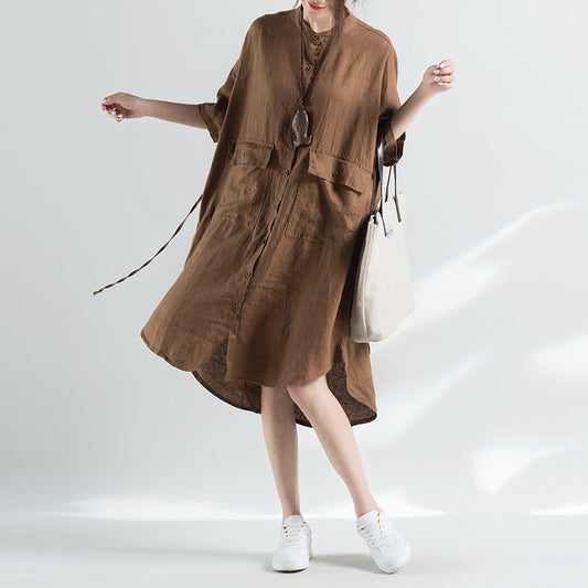 Mode khaki Baumwollkleider plus Größe Baumwollkleid Frauen halbe Ärmel Stand Baumwollkleid