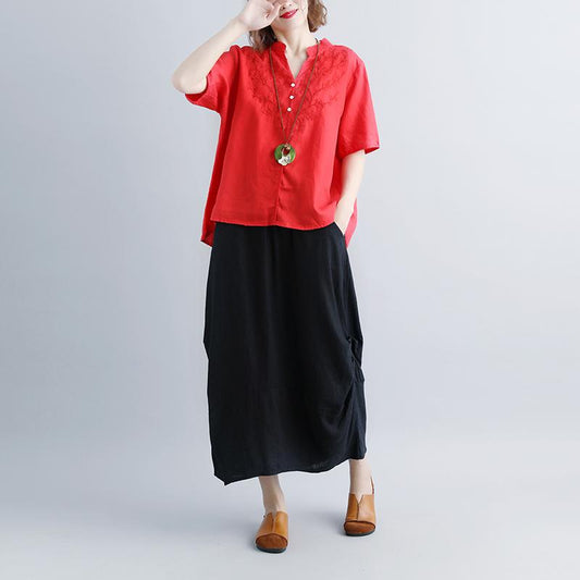 Mode Leinen Bluse Oversize Retro Kurzarm Stickerei High-Low Saum Rot Tops