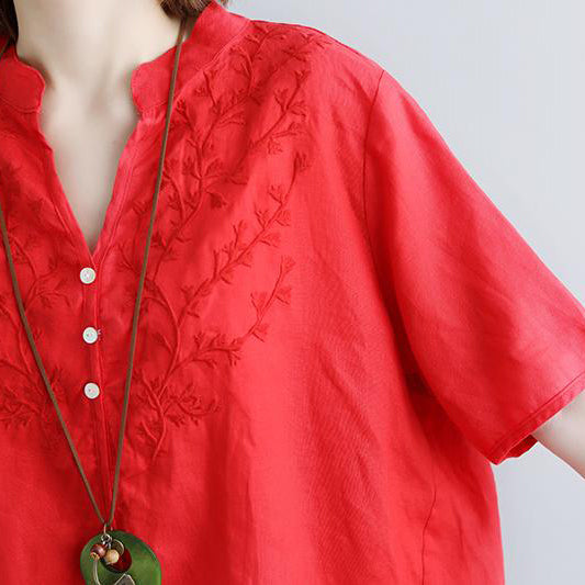 Mode Leinen Bluse Oversize Retro Kurzarm Stickerei High-Low Saum Rot Tops