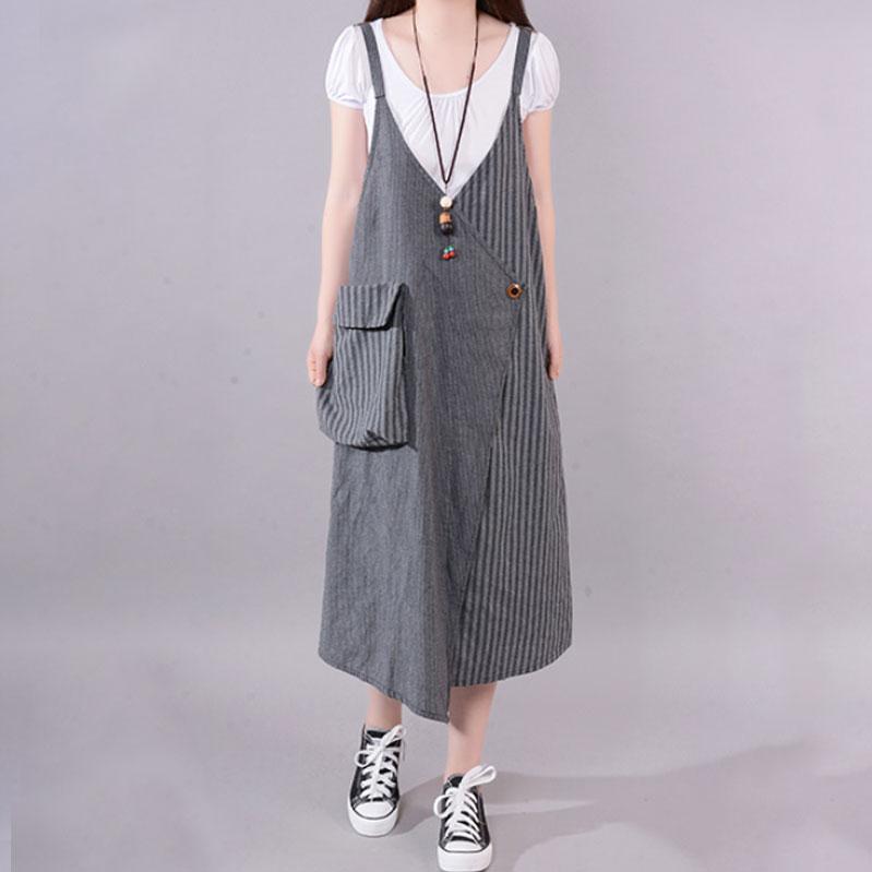 Mode lange Baumwolle gemischt Kleid locker sitzende Casual Sommer Streifen große Tasche lose Hosenträger grau Kleid