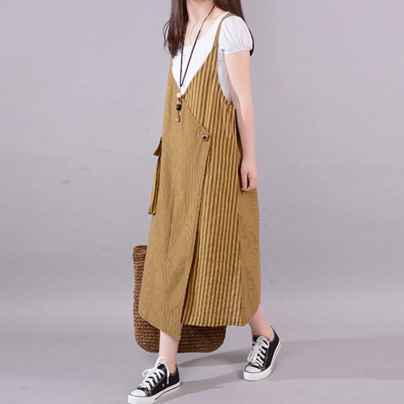 Mode lange Baumwolle gemischt Kleid locker sitzende Casual Sommer Streifen große Tasche lose Hosenträger grau Kleid