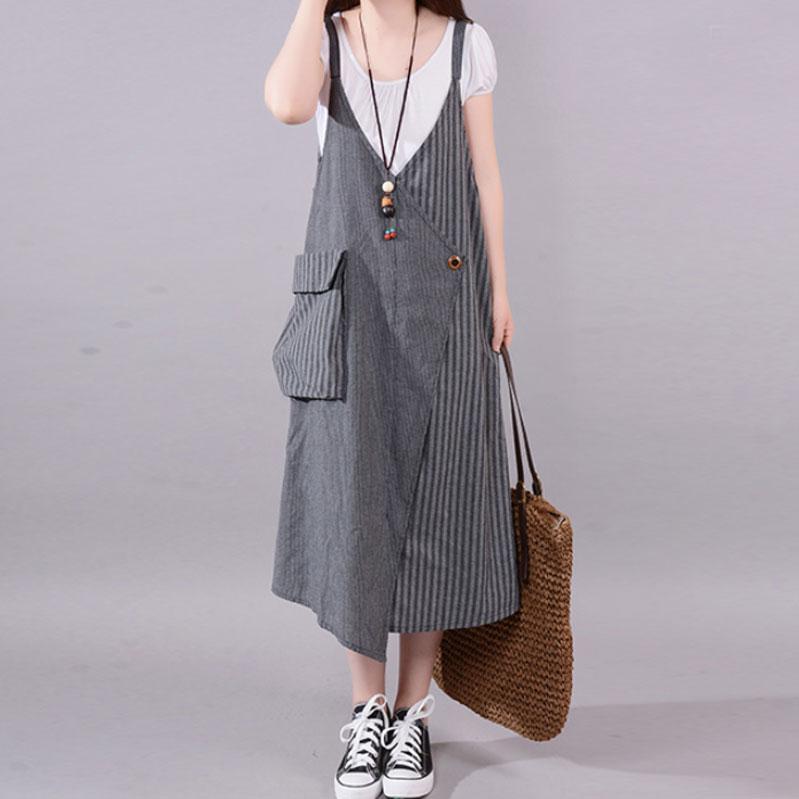 Mode lange Baumwolle gemischt Kleid locker sitzende Casual Sommer Streifen große Tasche lose Hosenträger grau Kleid