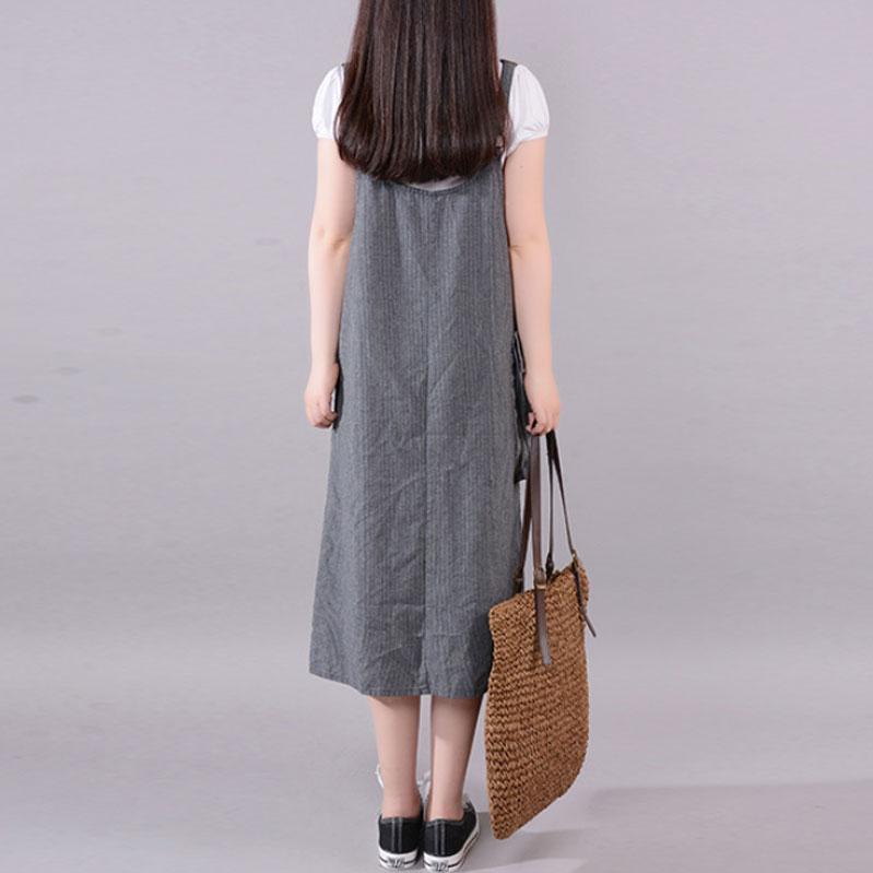 Mode lange Baumwolle gemischt Kleid locker sitzende Casual Sommer Streifen große Tasche lose Hosenträger grau Kleid