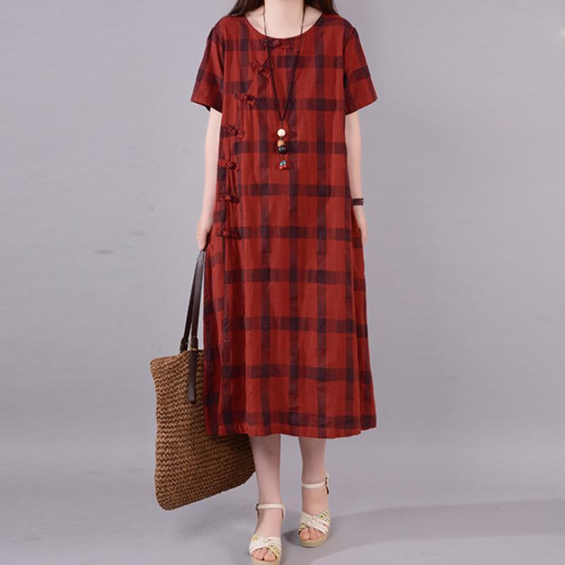 Mode natürliche Baumwolle Kleid plus Größe Gitter Rundhals Kurzarm rote Baumwolle Kleid