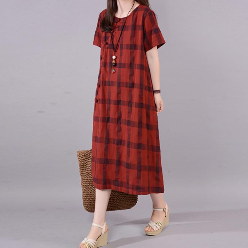 Mode natürliche Baumwolle Kleid plus Größe Gitter Rundhals Kurzarm rote Baumwolle Kleid