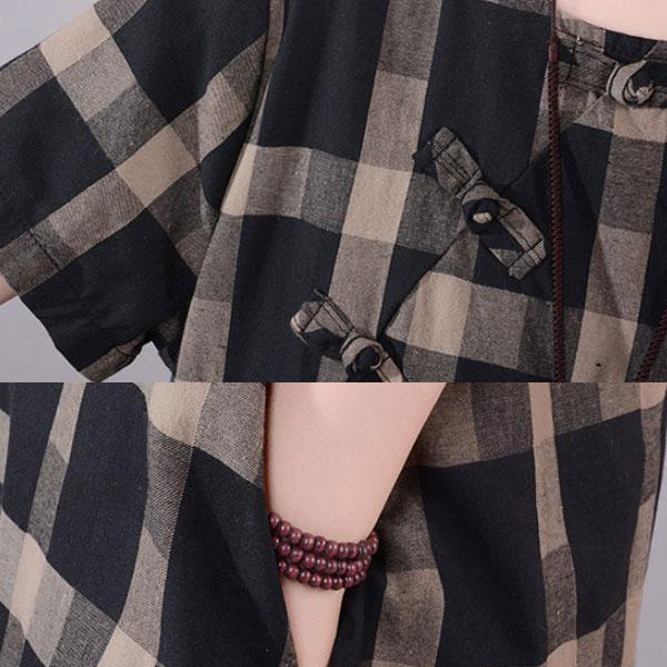 Mode natürliche Baumwolle Kleid plus Größe Gitter Rundhals Kurzarm rote Baumwolle Kleid