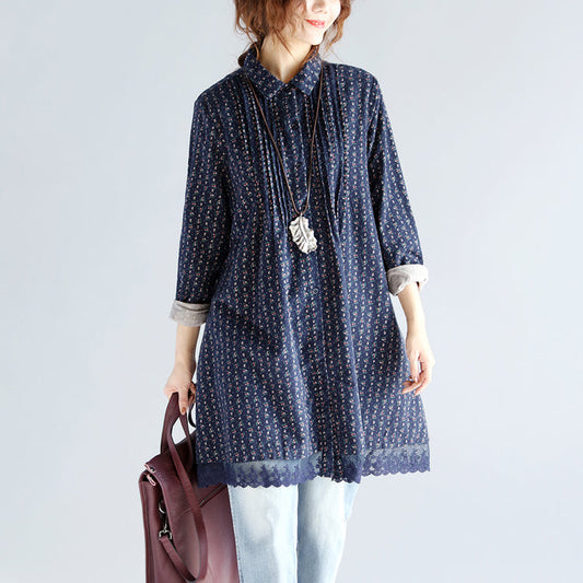 Mode Navy Print Midi-Baumwollpullover Übergröße Neue Langarm Cinched Turn-Down-Kragen Spitze Baumwollblusen