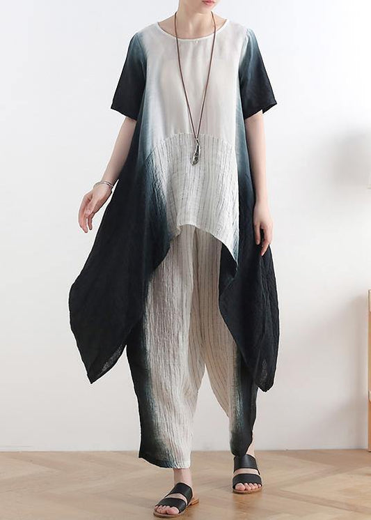 fashion new black o neck patchwork tops +elastic waist wide leg pants two pieces - SooLinen