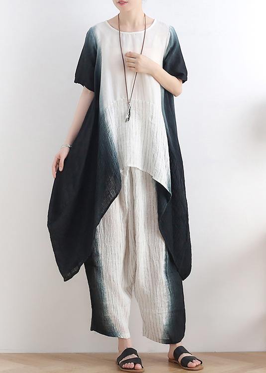 fashion new black o neck patchwork tops +elastic waist wide leg pants two pieces - SooLinen
