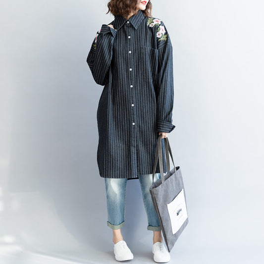 Mode-Outfit Refashion Turn-Down-Kragen Stickerei dunkelblau gestreiften DIY Baumwolle Tops