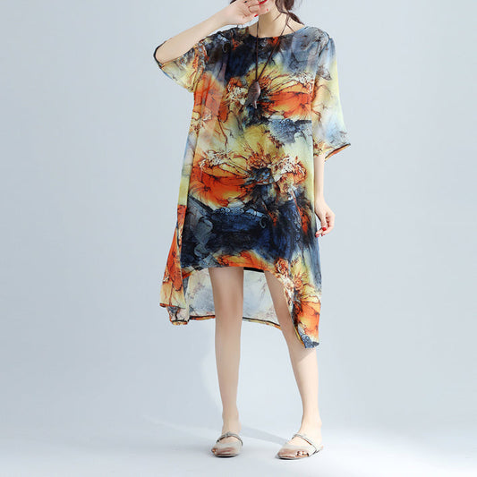 Modedrucke Chiffon-Etuikleider Übergroßes Maxikleid mit O-Ausschnitt 2018 Midikleid mit niedrigem und hohem Design