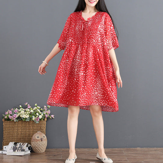 Mode rotes Chiffon-Sommerkleid V-Ausschnitt Halbarm Partykleid gepunktete Baggy Kleider Kordelzug Sommerkleid