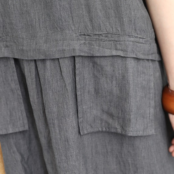 Mode rotes langes Leinenkleid Locker sitzendes V-Ausschnitt Leinenkleidungskleid Damen zwei große Taschen Maxikleider