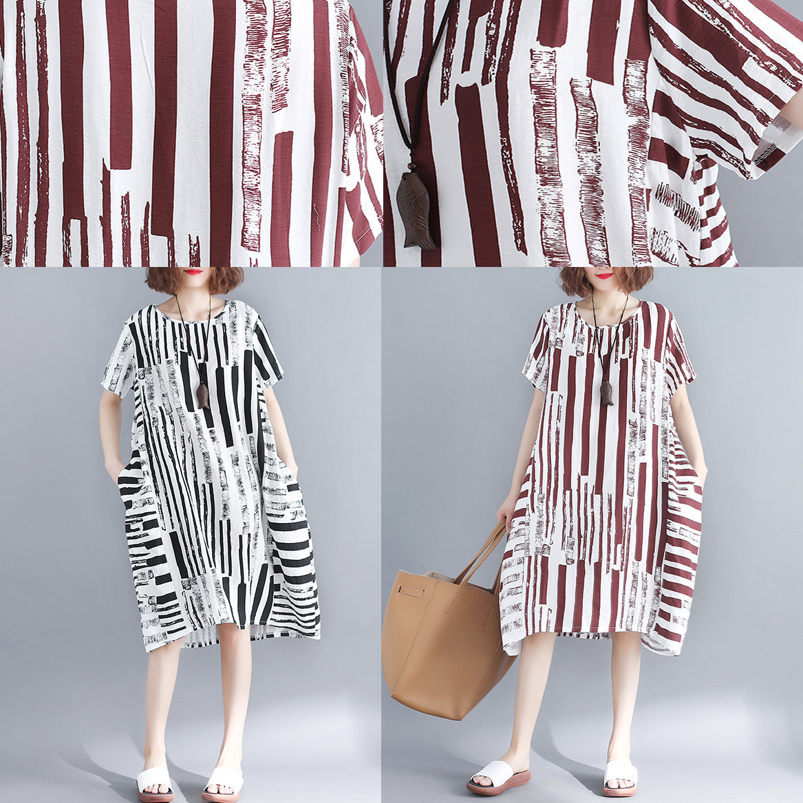 Mode rot reine baumwolle gemischt kleid plus größe urlaub kleider frauen kurzarm Geometrische O neck asymmetrische baumwolle gemischt kleidung