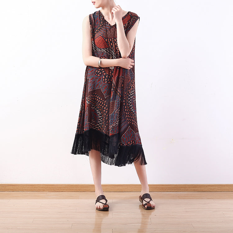 Mode rot gelb Drucke lange Chiffonkleider übergroße Quaste Chiffon Kleidung Kleider lässig ärmellose Maxikleider