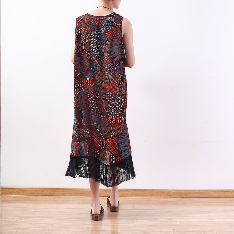 Mode rot gelb Drucke lange Chiffonkleider übergroße Quaste Chiffon Kleidung Kleider lässig ärmellose Maxikleider