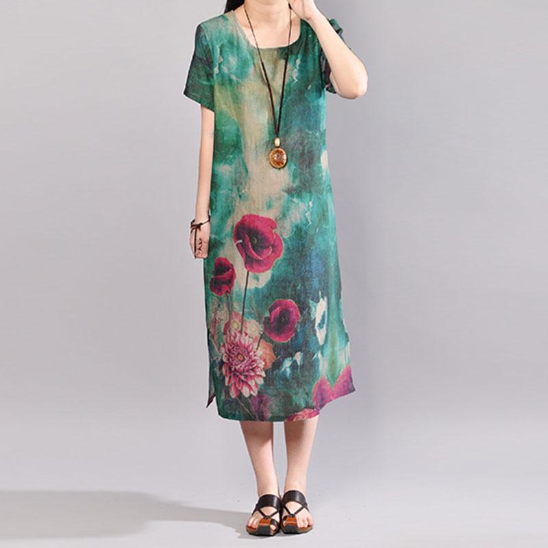 Mode Sommer Maxikleid Plus Größe Retro Kurzarm Blume Sommer Langes Kleid