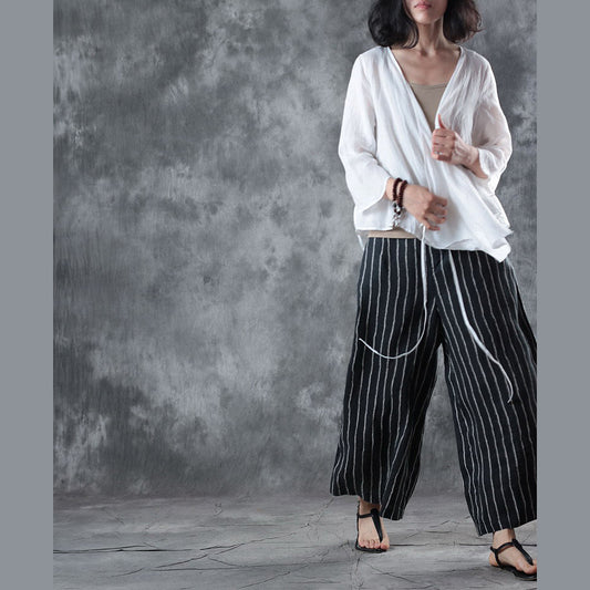 Mode weiße Leinenbluse Plus Size Kleidung Leinen Baumwolle T-Shirt Frauen halbe Ärmel V-Ausschnitt Krawatte Taille Baumwollkleidung